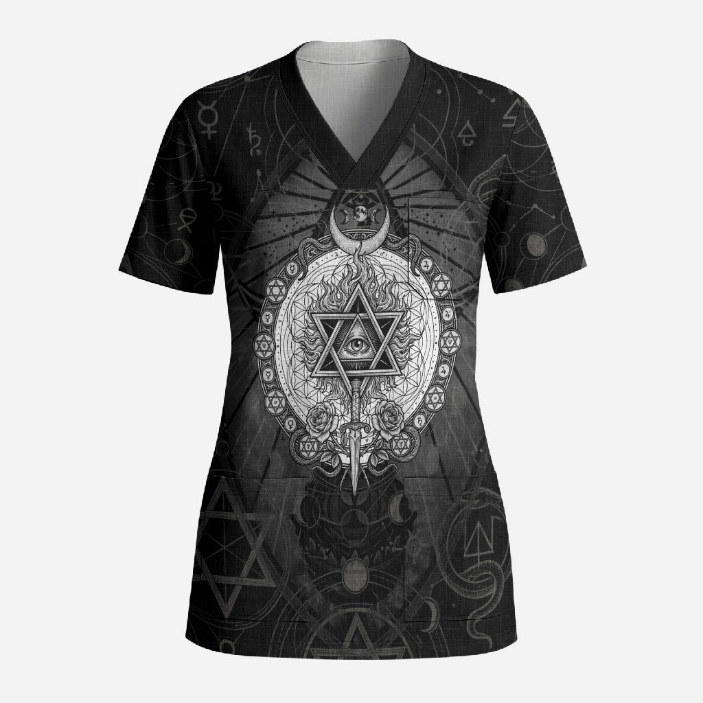 Ordo Templi Orientis Occult Symbolism Scrub Top Esoteric Alchemy Sacred Geometry Black