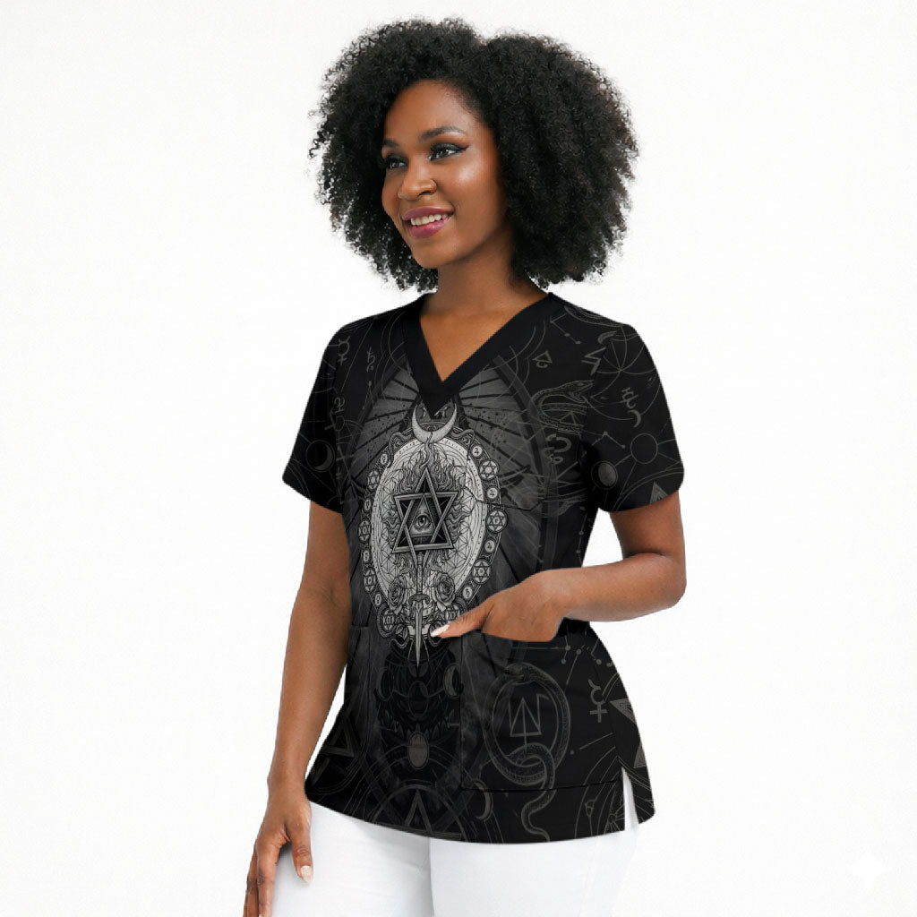Ordo Templi Orientis Occult Symbolism Scrub Top Esoteric Alchemy Sacred Geometry Black