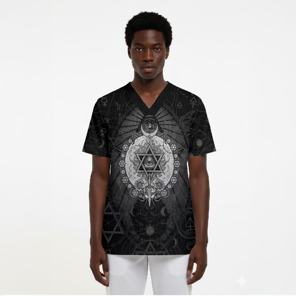 Ordo Templi Orientis Occult Symbolism Scrub Top Esoteric Alchemy Sacred Geometry Black