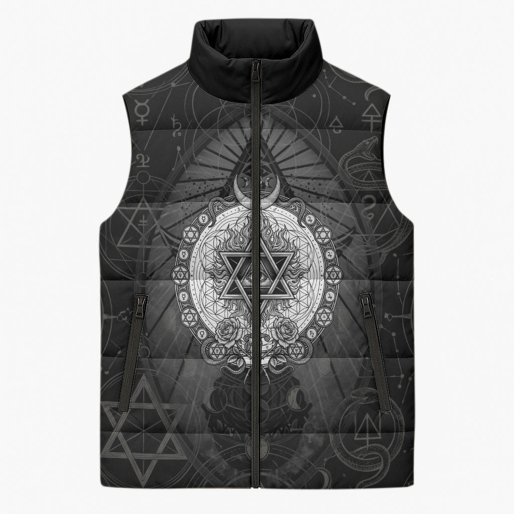 Ordo Templi Orientis Occult Symbolism Sleeveless Puffer Jacket Esoteric Alchemy Sacred Geometry Black