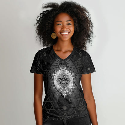 Ordo Templi Orientis Occult Symbolism Women V-Neck T-Shirt Esoteric Alchemy Sacred Geometry Black