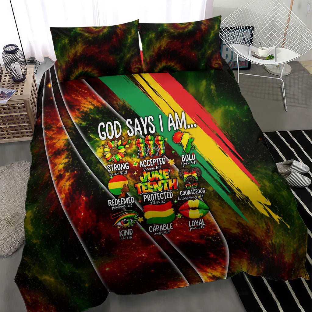 Juneteenth God Says I Am Christian Freedom Bedding Set Pan African Flag Colors Tie Dye Galaxy