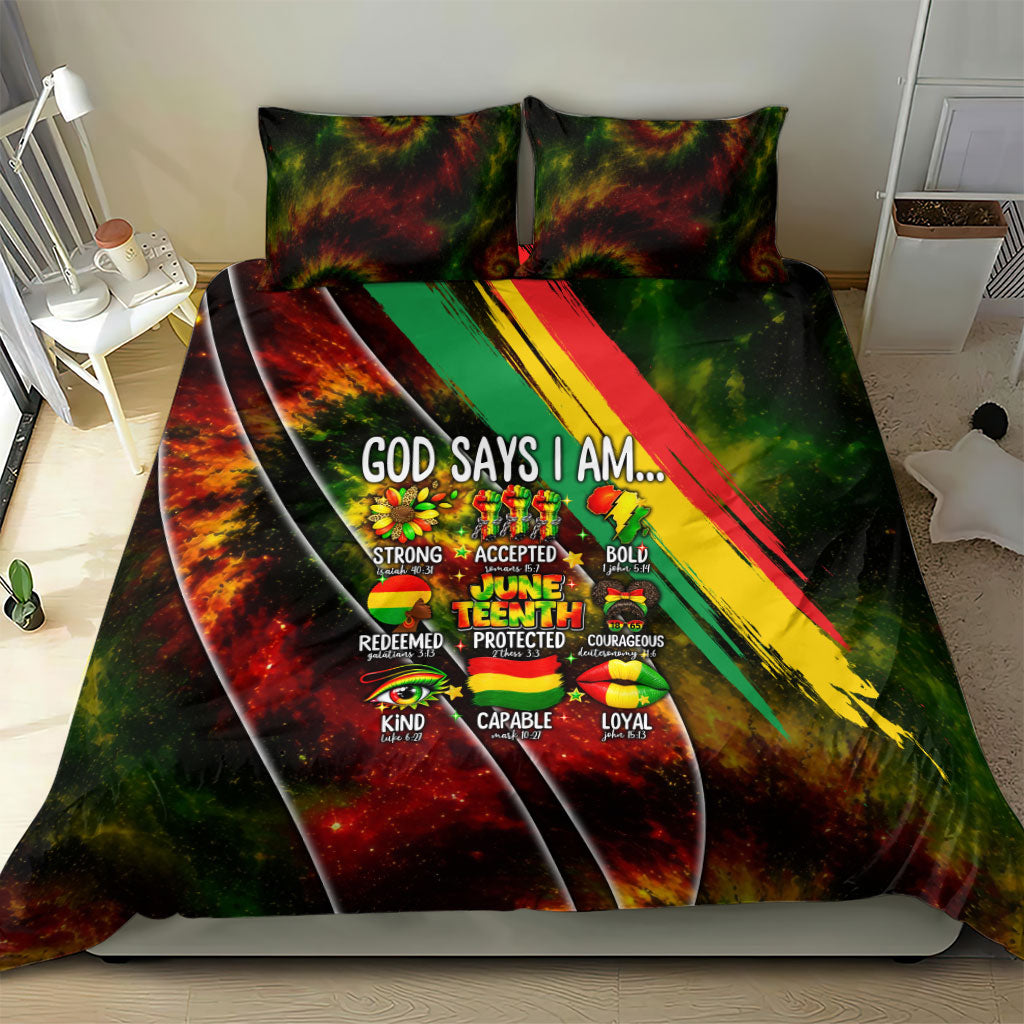 Juneteenth God Says I Am Christian Freedom Bedding Set Pan African Flag Colors Tie Dye Galaxy