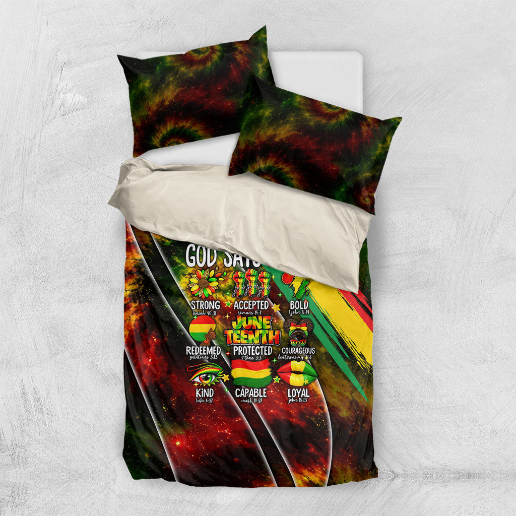 Juneteenth God Says I Am Christian Freedom Bedding Set Pan African Flag Colors Tie Dye Galaxy