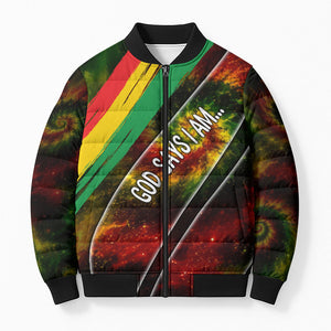 Juneteenth God Says I Am Christian Freedom Bomber Puffer Jacket Pan African Flag Colors Tie Dye Galaxy