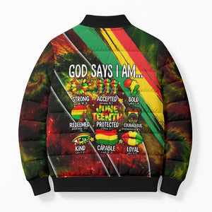 Juneteenth God Says I Am Christian Freedom Bomber Puffer Jacket Pan African Flag Colors Tie Dye Galaxy