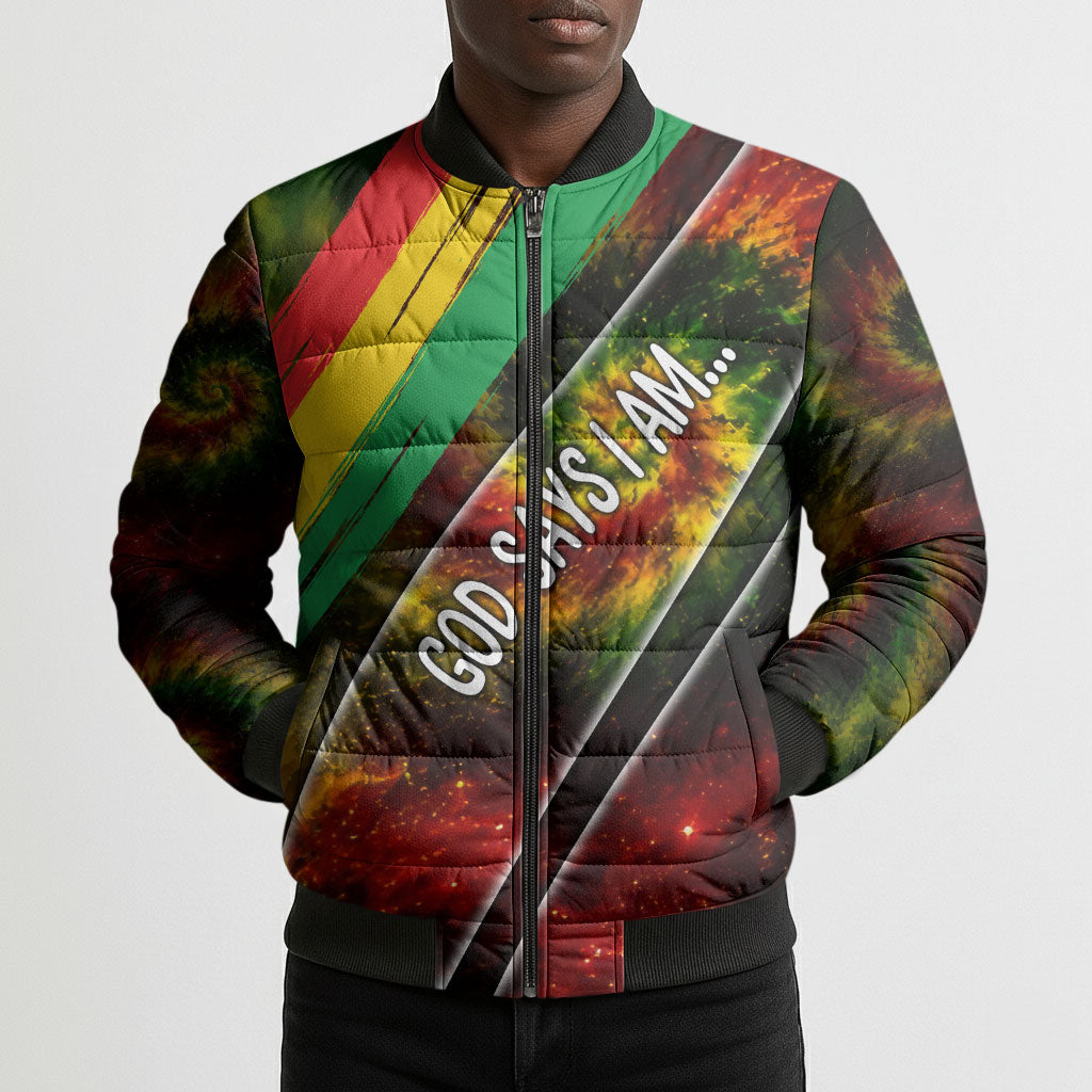 Juneteenth God Says I Am Christian Freedom Bomber Puffer Jacket Pan African Flag Colors Tie Dye Galaxy
