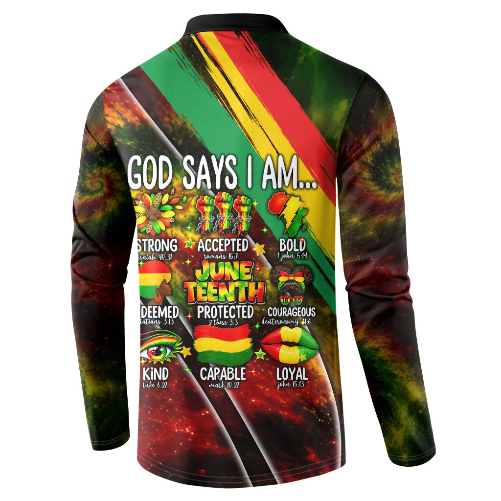 Juneteenth God Says I Am Christian Freedom Button Sweatshirt Pan African Flag Colors Tie Dye Galaxy