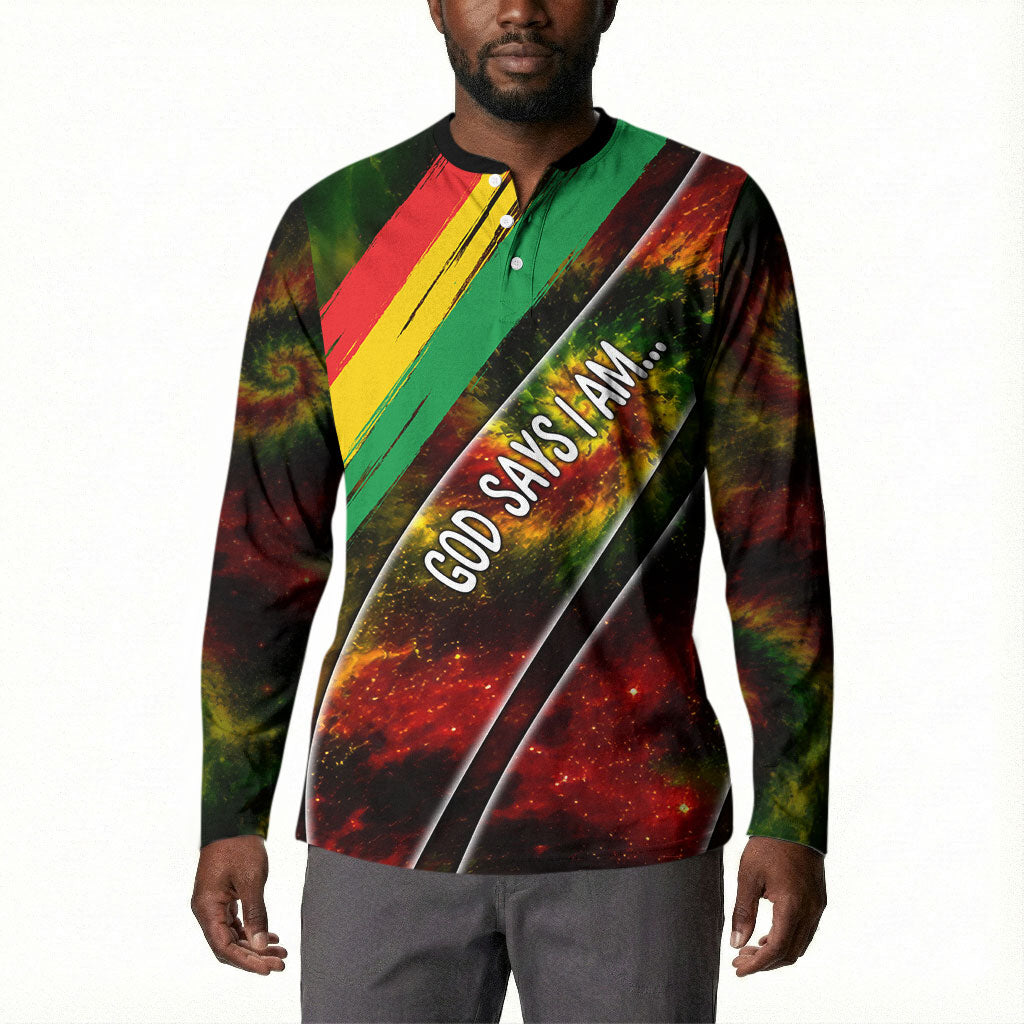 Juneteenth God Says I Am Christian Freedom Button Sweatshirt Pan African Flag Colors Tie Dye Galaxy