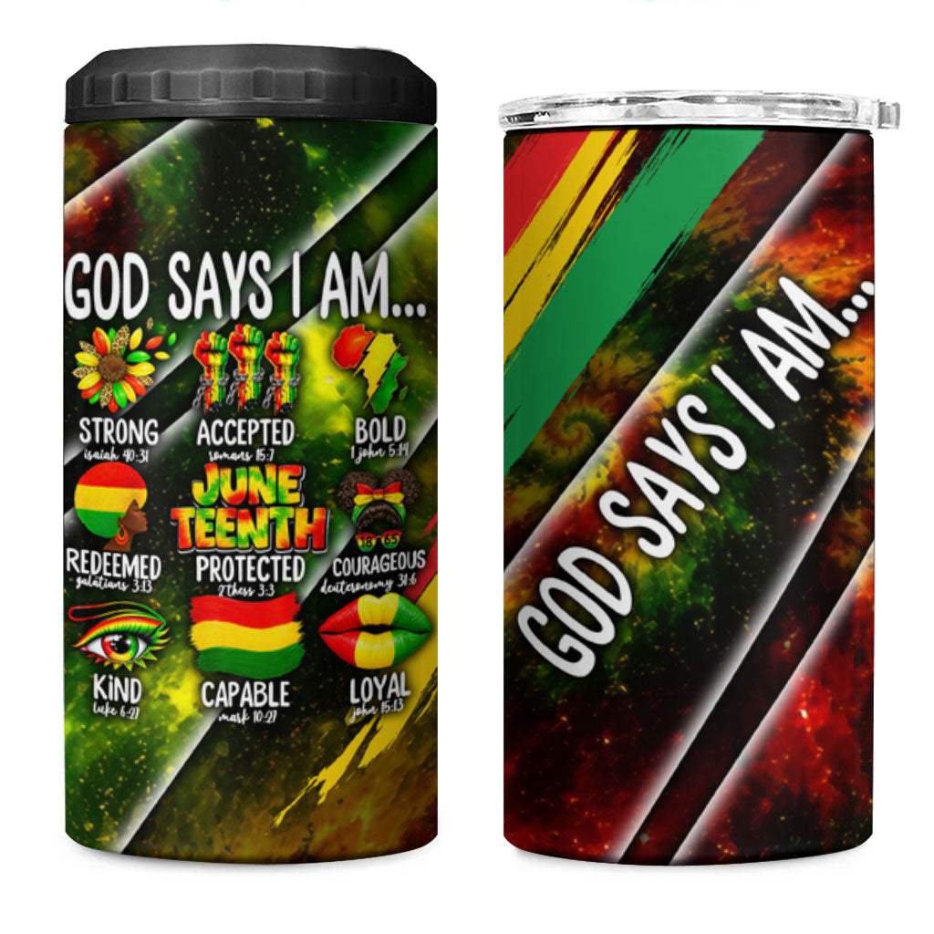 Juneteenth God Says I Am Christian Freedom 4 in 1 Can Cooler Tumbler Pan African Flag Colors Tie Dye Galaxy