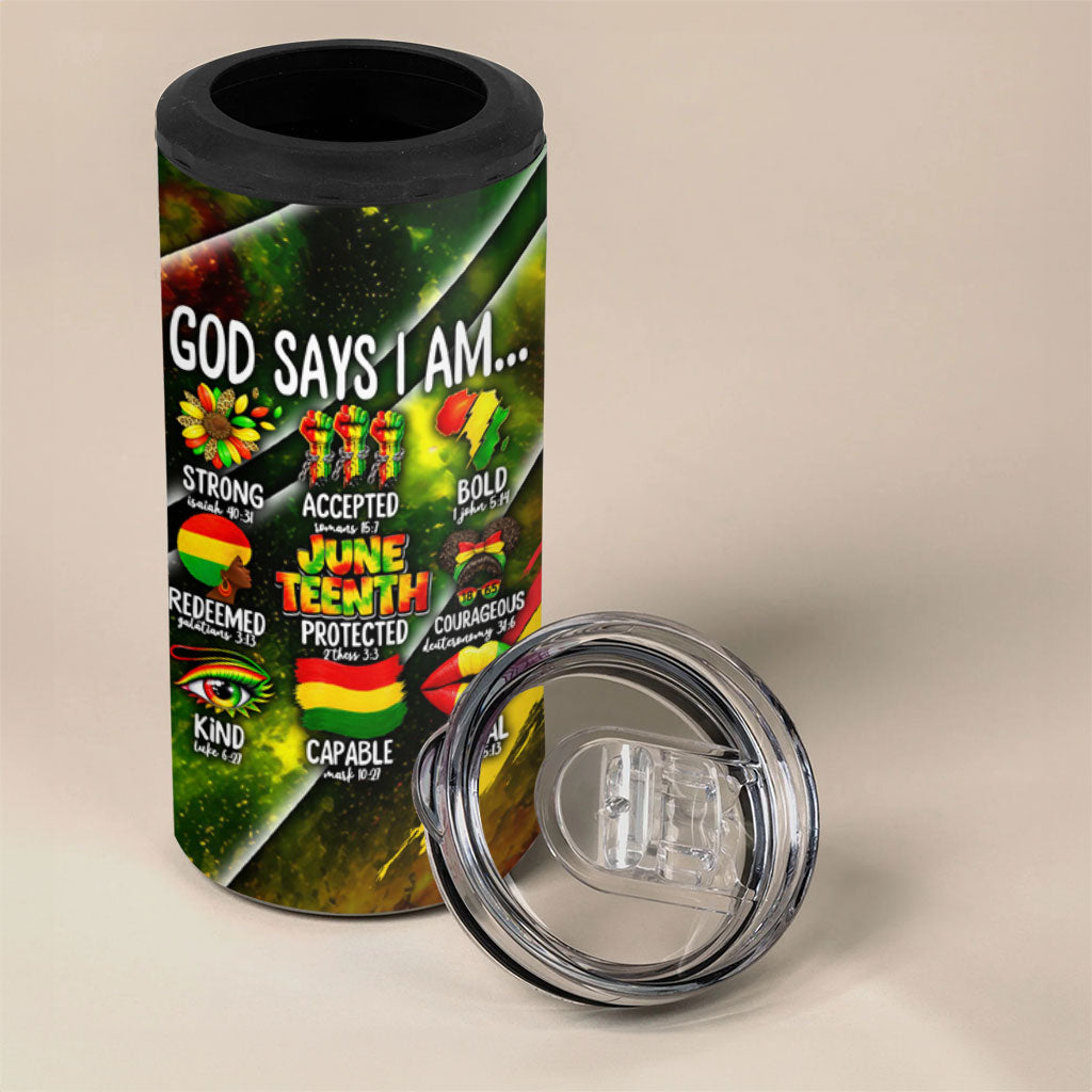 Juneteenth God Says I Am Christian Freedom 4 in 1 Can Cooler Tumbler Pan African Flag Colors Tie Dye Galaxy