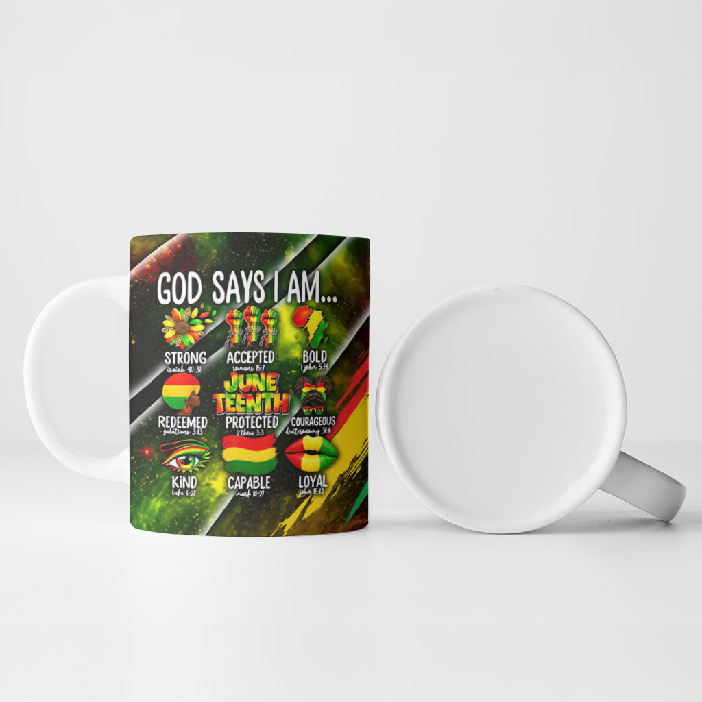 Juneteenth God Says I Am Christian Freedom Ceramic Mug Pan African Flag Colors Tie Dye Galaxy