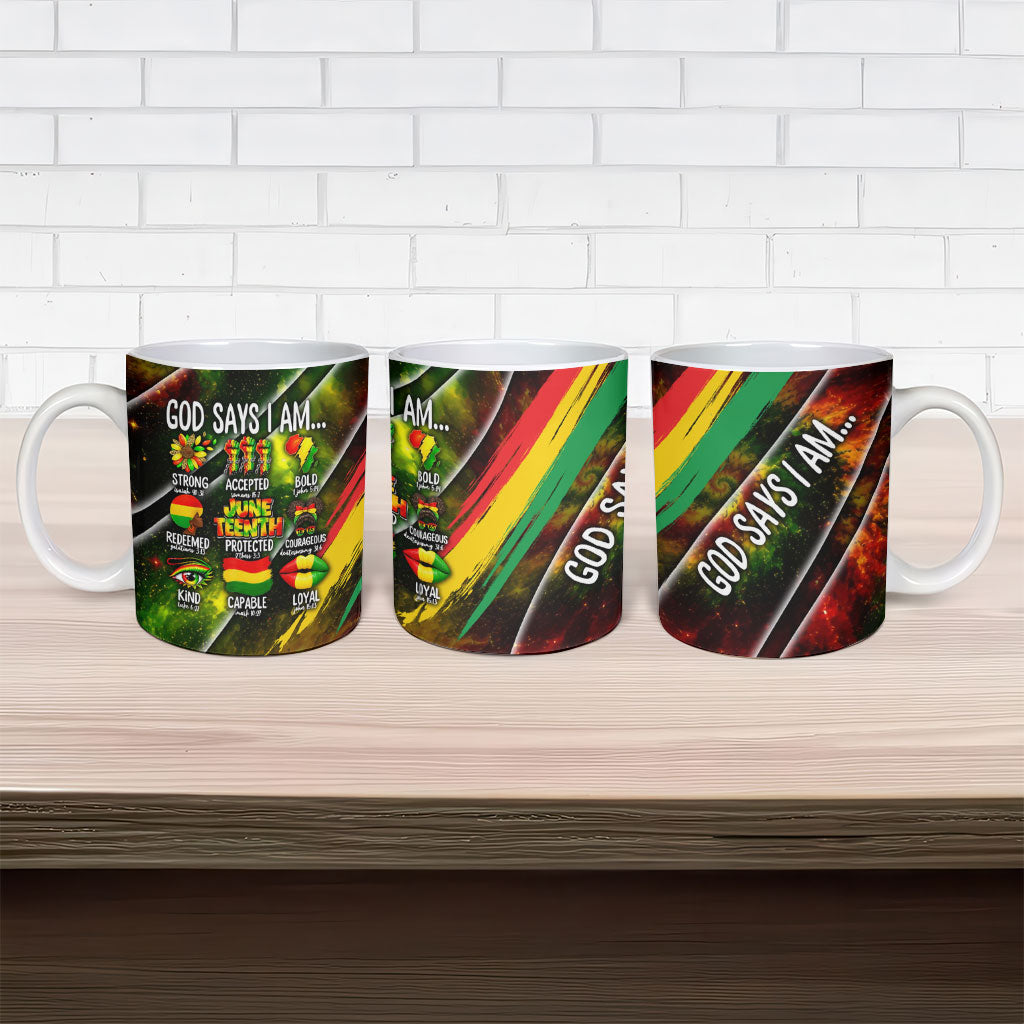 Juneteenth God Says I Am Christian Freedom Ceramic Mug Pan African Flag Colors Tie Dye Galaxy