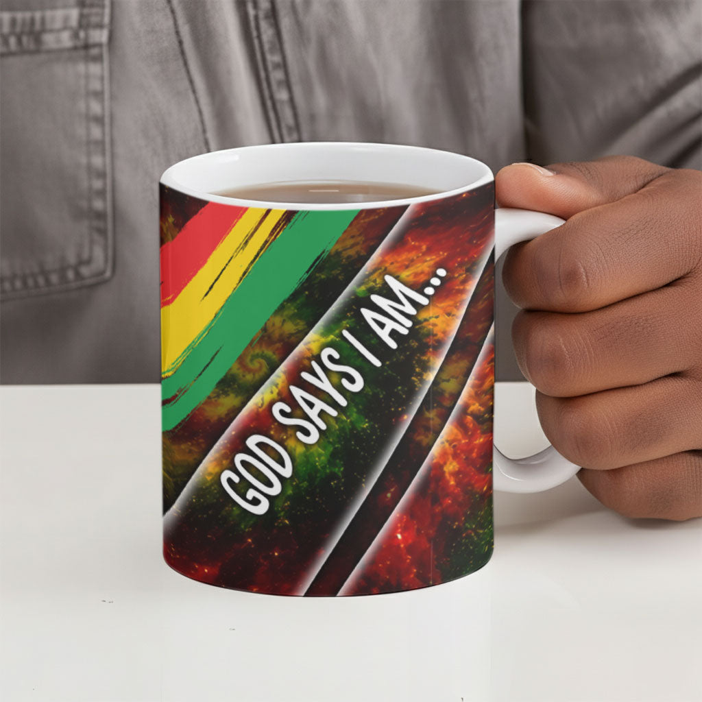 Juneteenth God Says I Am Christian Freedom Ceramic Mug Pan African Flag Colors Tie Dye Galaxy