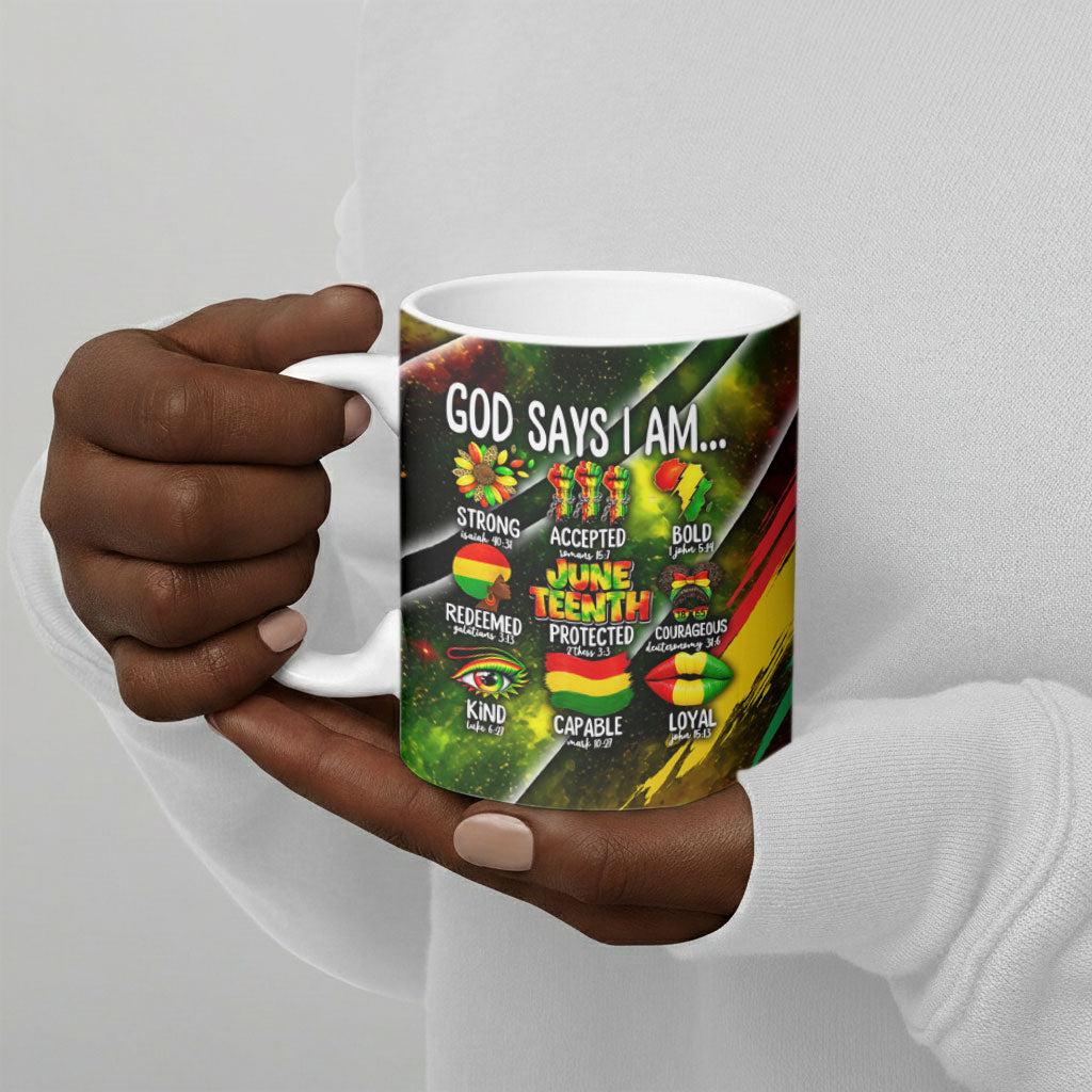 Juneteenth God Says I Am Christian Freedom Ceramic Mug Pan African Flag Colors Tie Dye Galaxy
