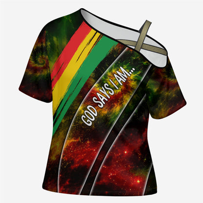 Juneteenth God Says I Am Christian Freedom Cross Shoulder Shirt Pan African Flag Colors Tie Dye Galaxy