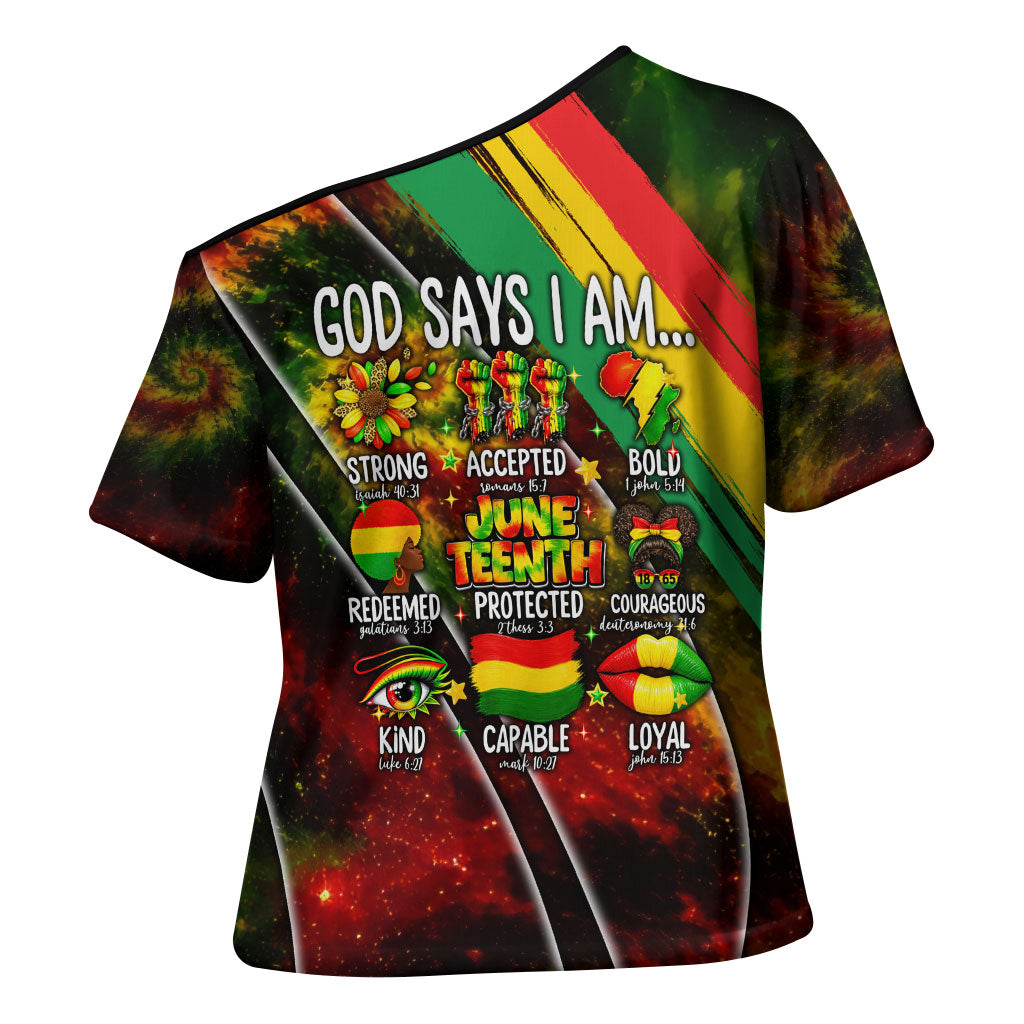 Juneteenth God Says I Am Christian Freedom Cross Shoulder Shirt Pan African Flag Colors Tie Dye Galaxy