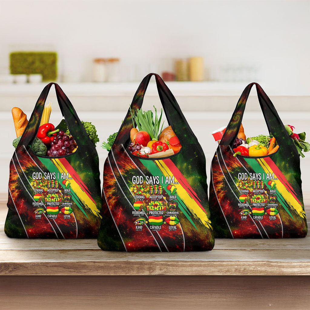 Juneteenth God Says I Am Christian Freedom Grocery Bag Pan African Flag Colors Tie Dye Galaxy