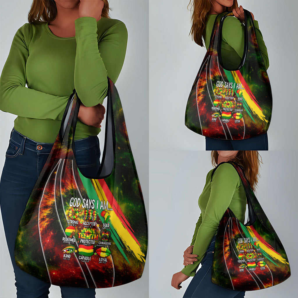 Juneteenth God Says I Am Christian Freedom Grocery Bag Pan African Flag Colors Tie Dye Galaxy