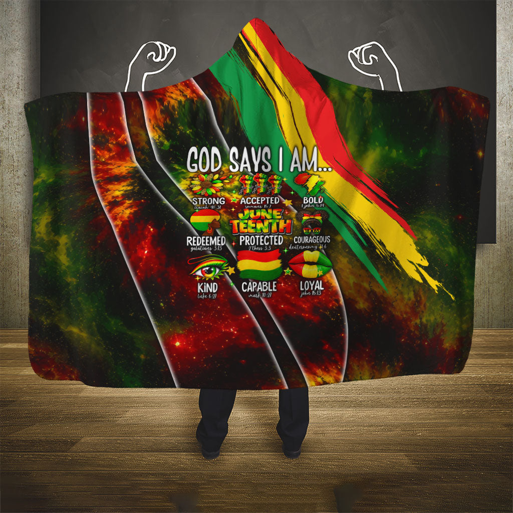 Juneteenth God Says I Am Christian Freedom Hooded Blanket Pan African Flag Colors Tie Dye Galaxy