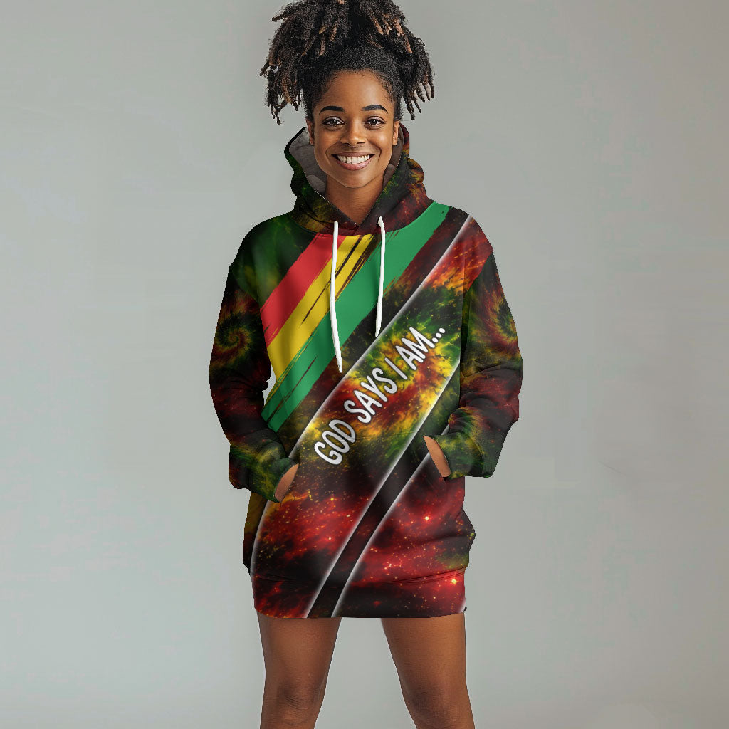 Juneteenth God Says I Am Christian Freedom Hoodie Dress Pan African Flag Colors Tie Dye Galaxy