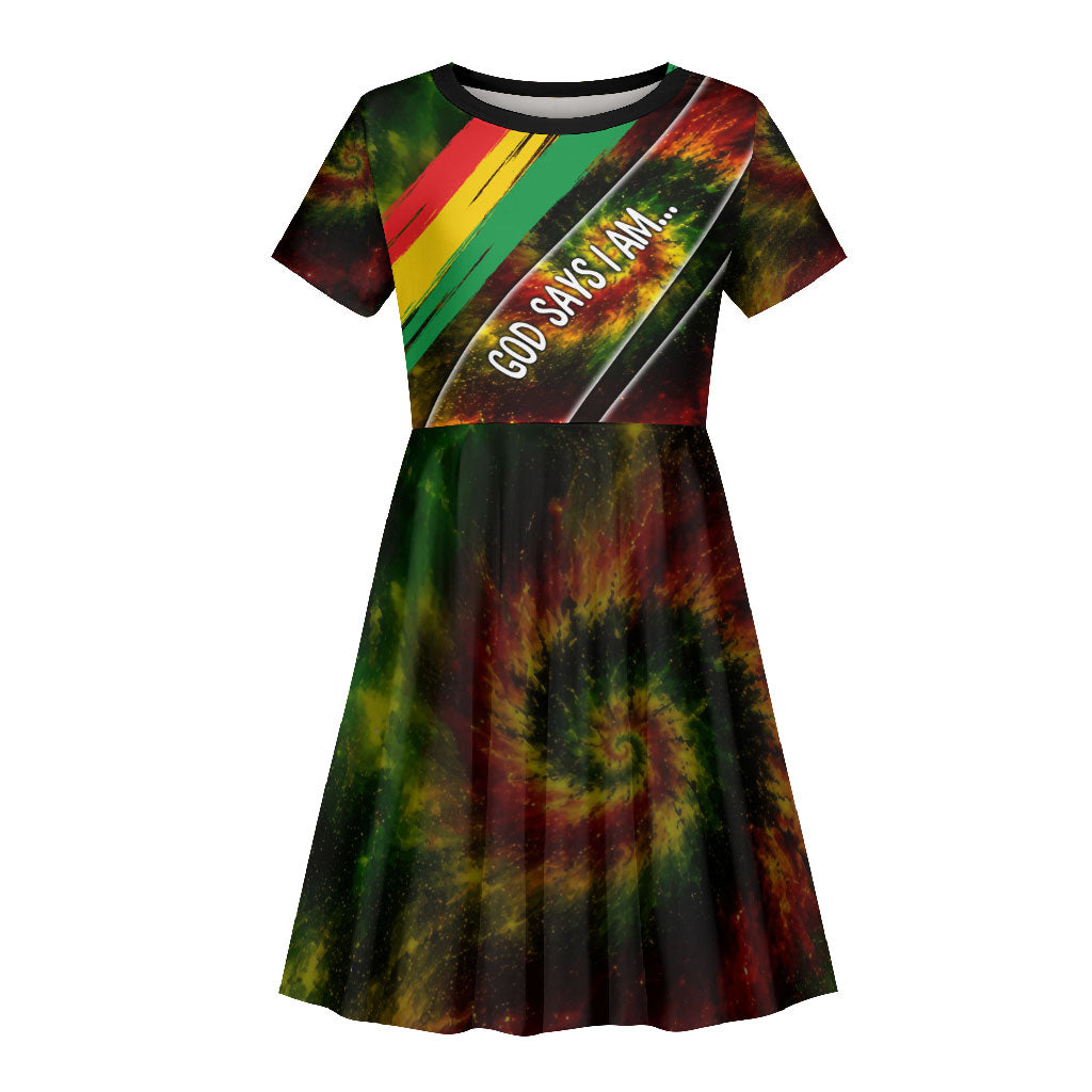 Juneteenth God Says I Am Christian Freedom Kid Short Sleeve Dress Pan African Flag Colors Tie Dye Galaxy
