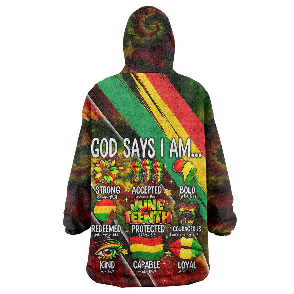 Juneteenth God Says I Am Christian Freedom Kid Wearable Blanket Hoodie Pan African Flag Colors Tie Dye Galaxy
