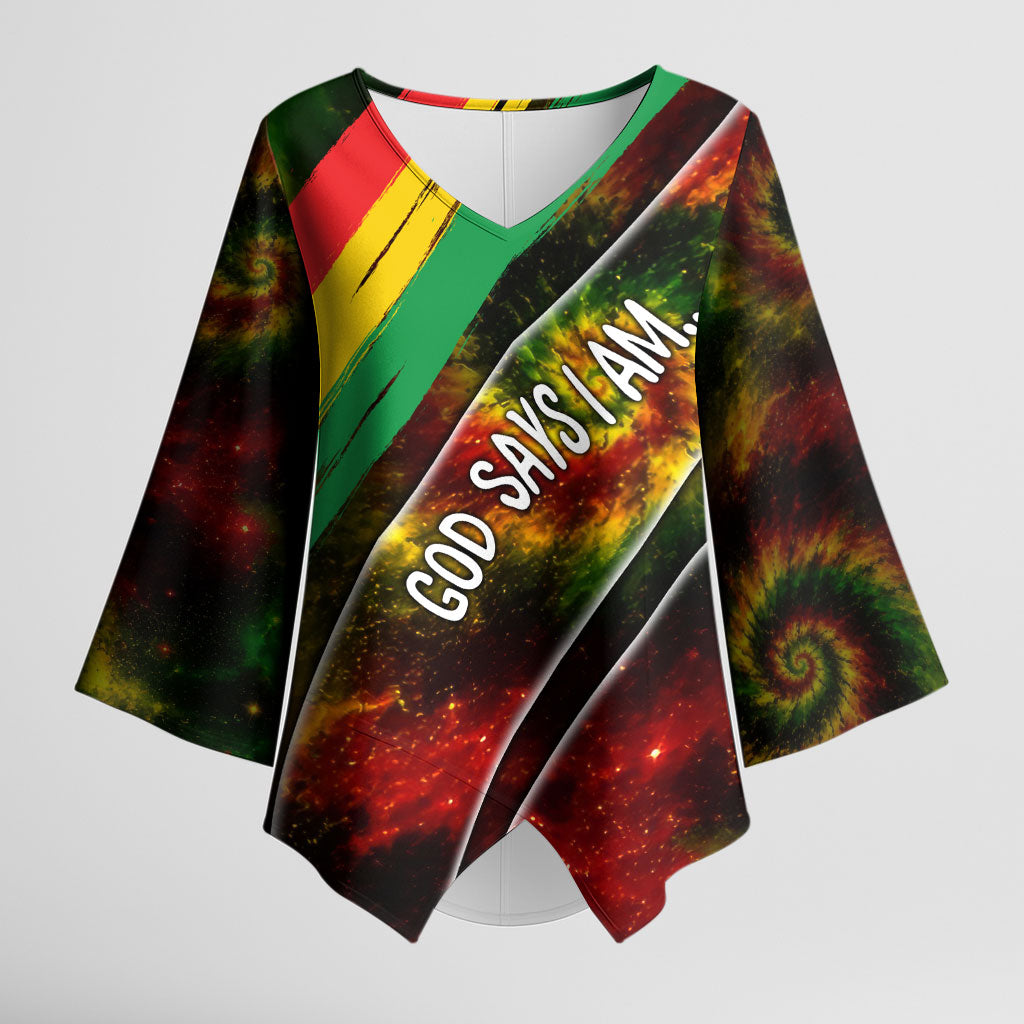 Juneteenth God Says I Am Christian Freedom Kimono Sleeve Blouse Pan African Flag Colors Tie Dye Galaxy