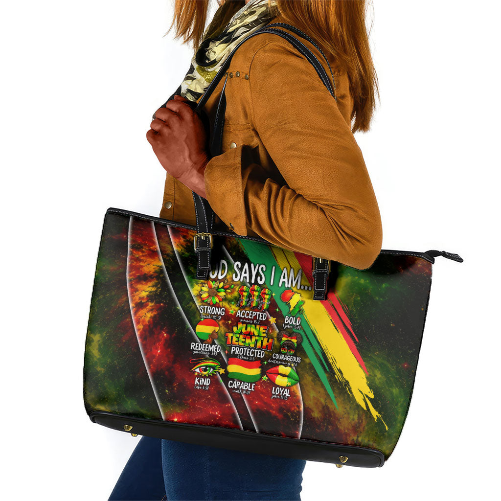 Juneteenth God Says I Am Christian Freedom Leather Tote Bag Pan African Flag Colors Tie Dye Galaxy