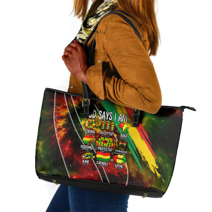 Juneteenth God Says I Am Christian Freedom Leather Tote Bag Pan African Flag Colors Tie Dye Galaxy