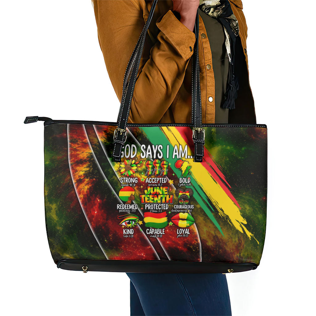 Juneteenth God Says I Am Christian Freedom Leather Tote Bag Pan African Flag Colors Tie Dye Galaxy