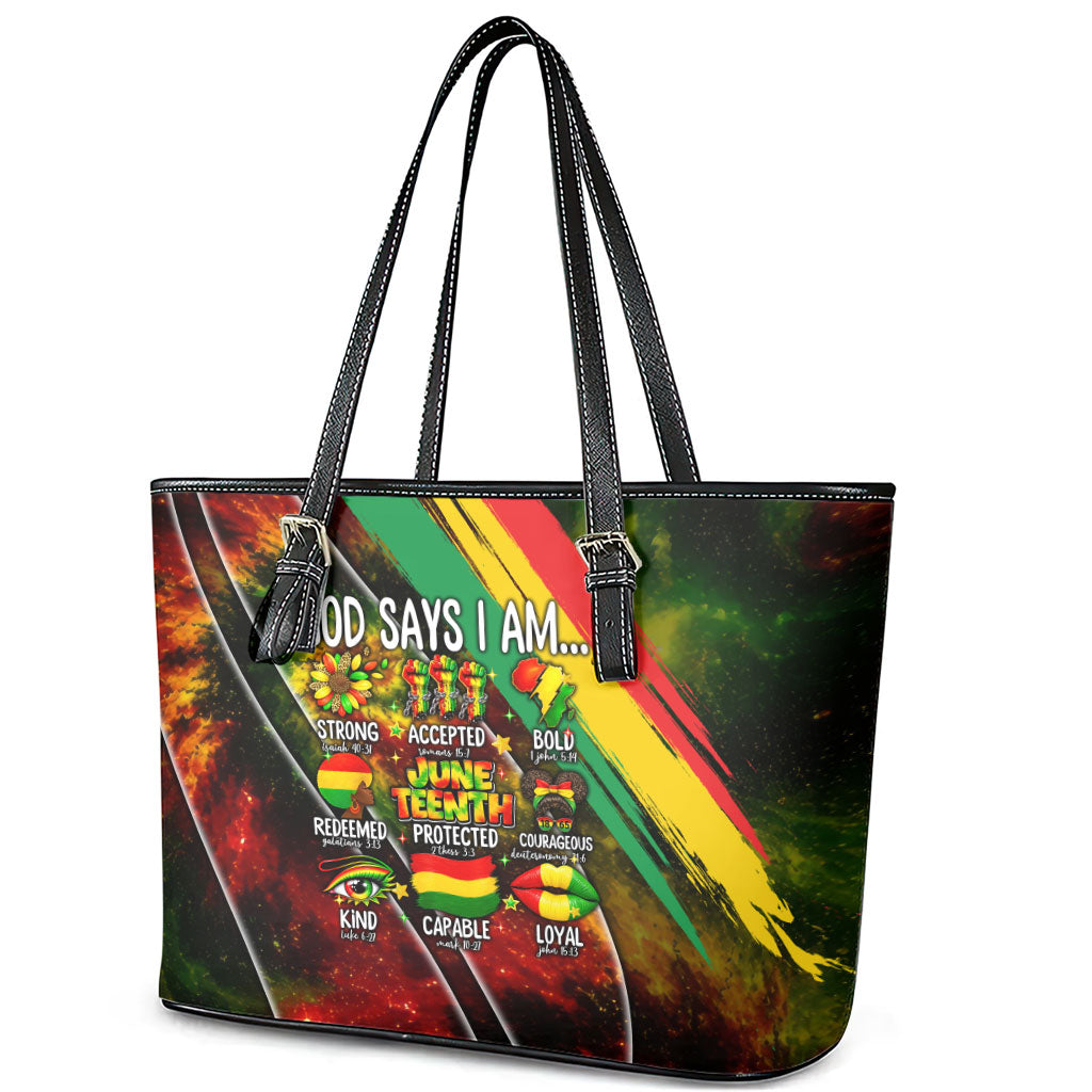 Juneteenth God Says I Am Christian Freedom Leather Tote Bag Pan African Flag Colors Tie Dye Galaxy