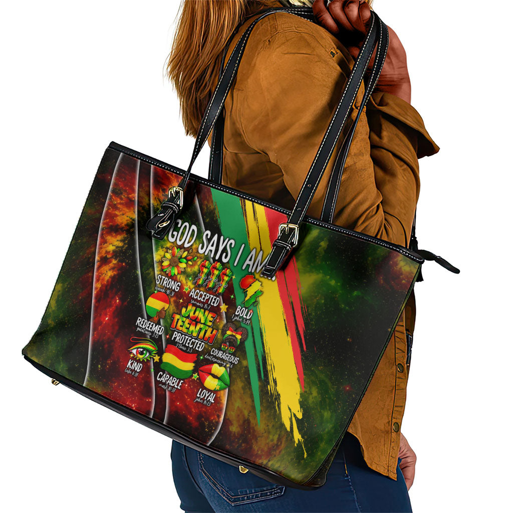 Juneteenth God Says I Am Christian Freedom Leather Tote Bag Pan African Flag Colors Tie Dye Galaxy