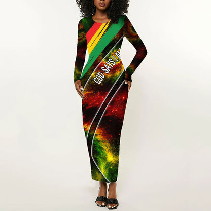 Juneteenth God Says I Am Christian Freedom Long Sleeve Bodycon Dress Pan African Flag Colors Tie Dye Galaxy