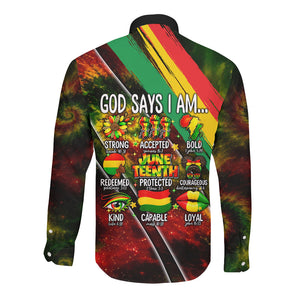 Juneteenth God Says I Am Christian Freedom Long Sleeve Button Shirt Pan African Flag Colors Tie Dye Galaxy