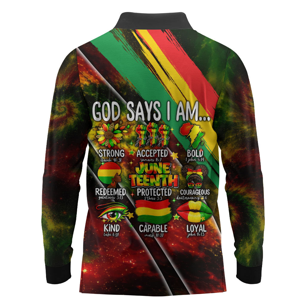 Juneteenth God Says I Am Christian Freedom Long Sleeve Polo Shirt Pan African Flag Colors Tie Dye Galaxy
