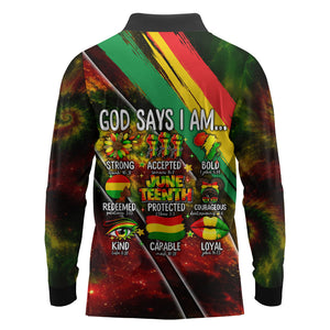 Juneteenth God Says I Am Christian Freedom Long Sleeve Polo Shirt Pan African Flag Colors Tie Dye Galaxy