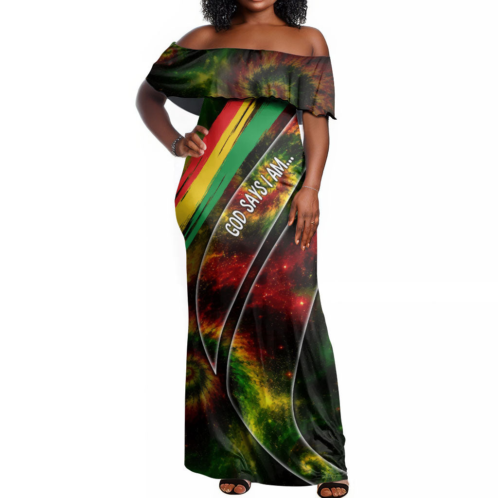 Juneteenth God Says I Am Christian Freedom Off Shoulder Maxi Dress Pan African Flag Colors Tie Dye Galaxy