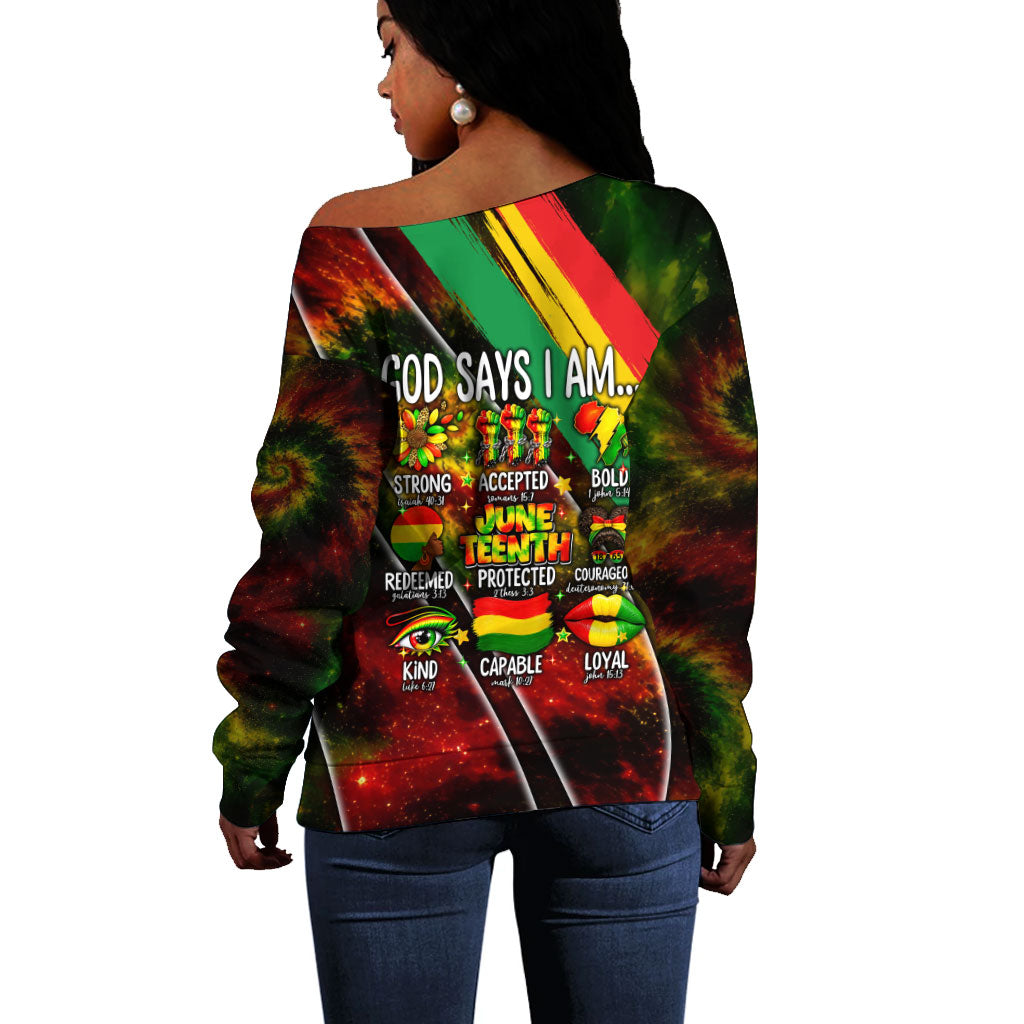 Juneteenth God Says I Am Christian Freedom Off Shoulder Sweater Pan African Flag Colors Tie Dye Galaxy
