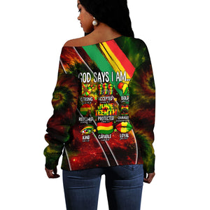 Juneteenth God Says I Am Christian Freedom Off Shoulder Sweater Pan African Flag Colors Tie Dye Galaxy