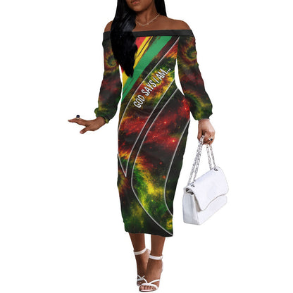 Juneteenth God Says I Am Christian Freedom Off The Shoulder Long Sleeve Dress Pan African Flag Colors Tie Dye Galaxy
