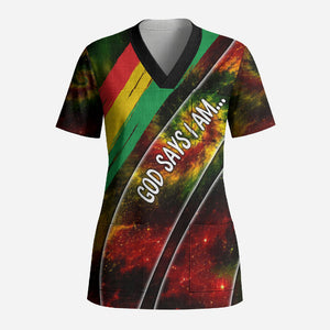 Juneteenth God Says I Am Christian Freedom Scrub Top Pan African Flag Colors Tie Dye Galaxy