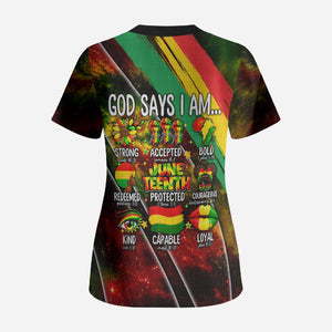 Juneteenth God Says I Am Christian Freedom Scrub Top Pan African Flag Colors Tie Dye Galaxy