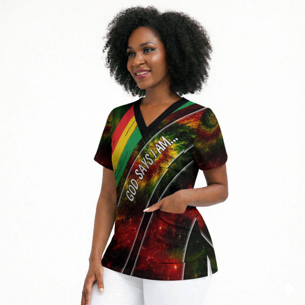 Juneteenth God Says I Am Christian Freedom Scrub Top Pan African Flag Colors Tie Dye Galaxy