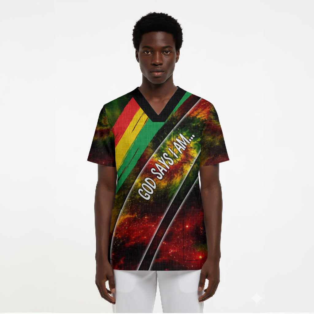 Juneteenth God Says I Am Christian Freedom Scrub Top Pan African Flag Colors Tie Dye Galaxy