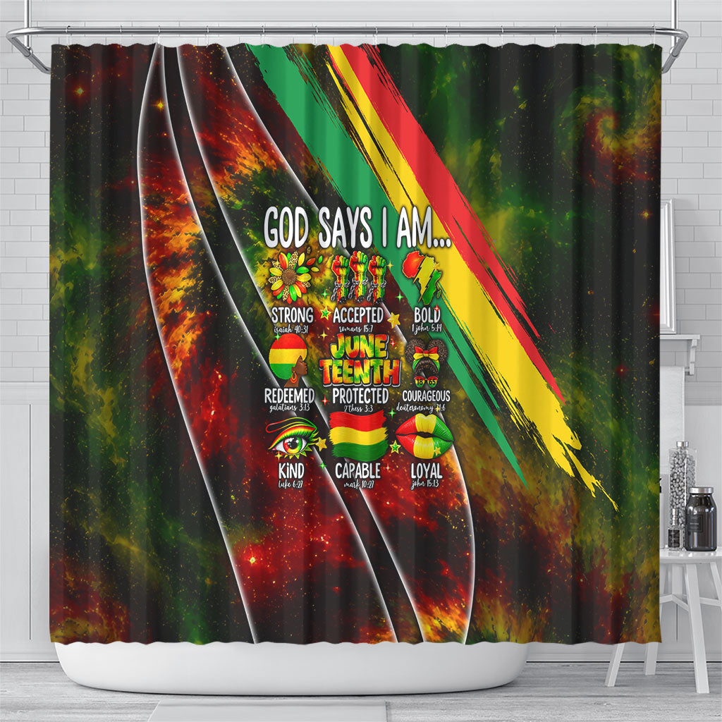 Juneteenth God Says I Am Christian Freedom Shower Curtain Pan African Flag Colors Tie Dye Galaxy