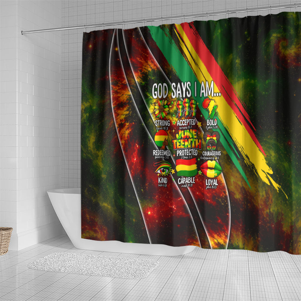 Juneteenth God Says I Am Christian Freedom Shower Curtain Pan African Flag Colors Tie Dye Galaxy