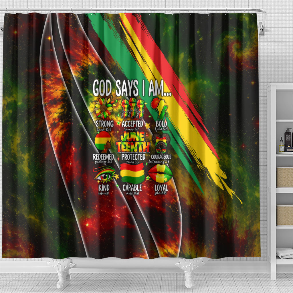 Juneteenth God Says I Am Christian Freedom Shower Curtain Pan African Flag Colors Tie Dye Galaxy