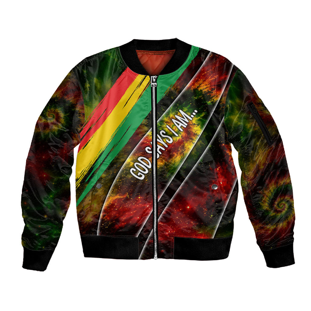 Juneteenth God Says I Am Christian Freedom Sleeve Zip Bomber Jacket Pan African Flag Colors Tie Dye Galaxy
