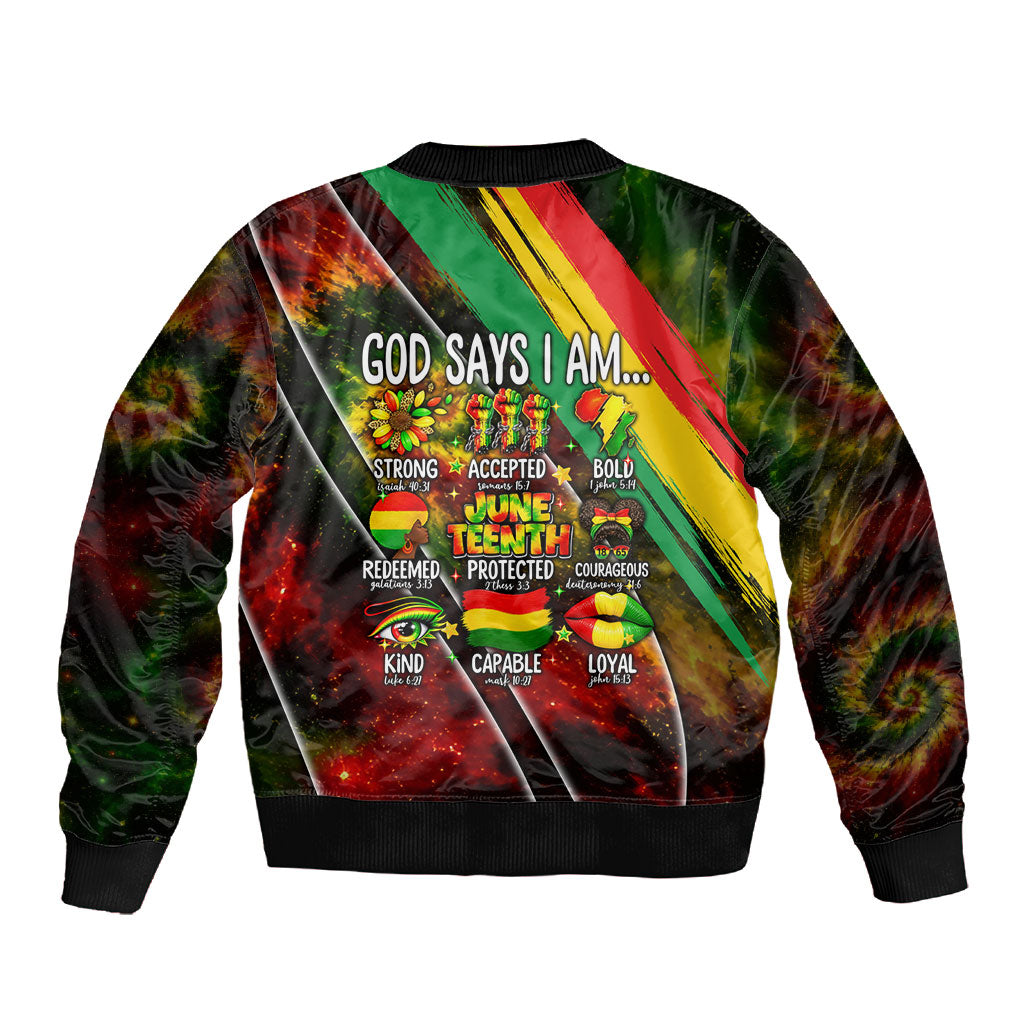 Juneteenth God Says I Am Christian Freedom Sleeve Zip Bomber Jacket Pan African Flag Colors Tie Dye Galaxy